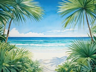 Tropical beach scene surrounded by lush green palm leaves under bright blue sky