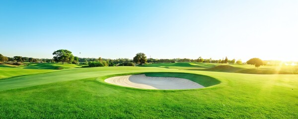 Lush green golf course bunker under bright blue sky during late afternoon sunshine