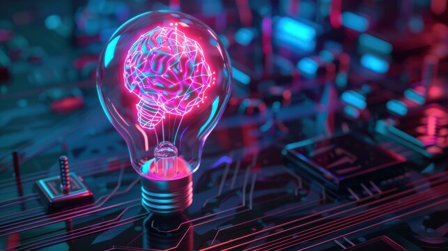 Neon AI brain in a light bulb against a blurry background of modern technology