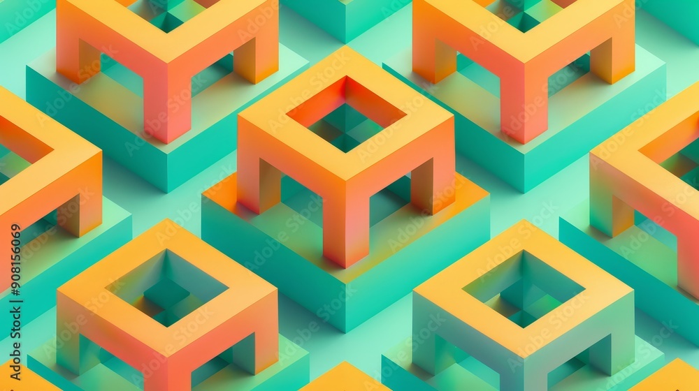 Poster colorful 3d geometric shapes in a repeating pattern.