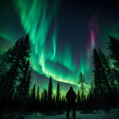 Fototapeta premium A person standing in the snow looking at the aurora bore