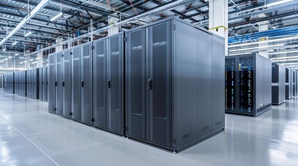 Rows of server racks in a modern data center.