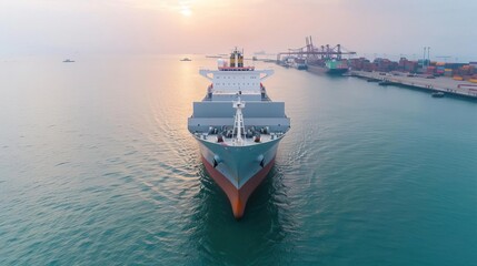 Naklejka premium Large cargo ship entering harbor at sunset.