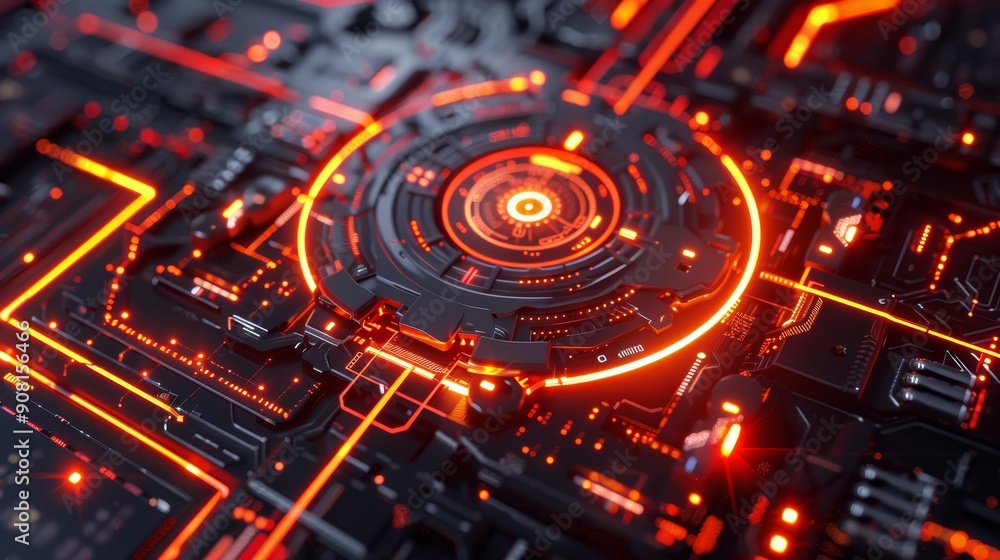 Poster futuristic circuit board with glowing red elements.