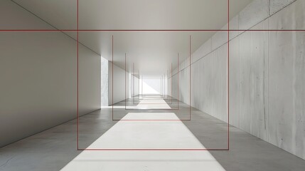 A long white hallway with red lines