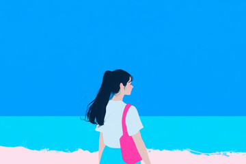 Obraz premium Illustration of a girl with a pink bag standing on the beach looking at the ocean