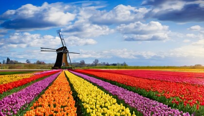 Tulips in a field with a Windmill in the background