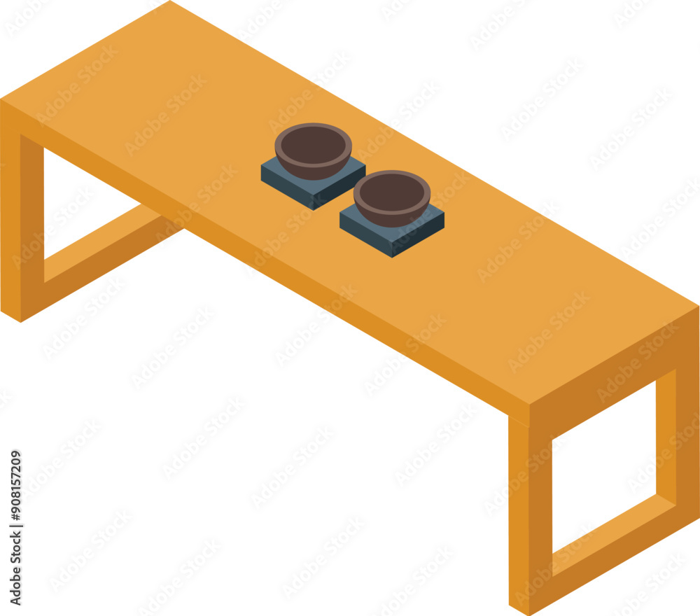 Poster two empty bowls are sitting on a long modern table in an isometric view