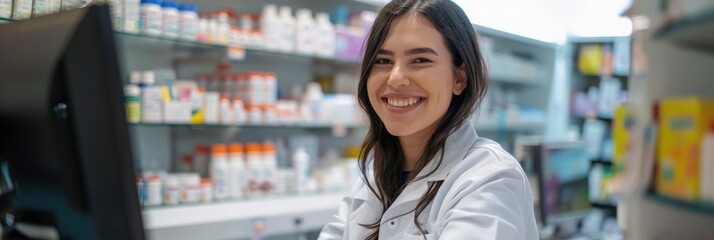 Happy young woman pharmacist in a white coat using a computer at a pharmacy