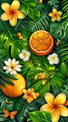 Fototapeta premium Vibrant tropical foliage with citrus fruits, flowers, and insects.