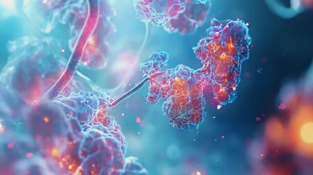 This visually stunning digital artwork showcases proteins illuminated in a vibrant cellular environment. The image's fluorescent colors highlight the intricate structures, simulating an advanced