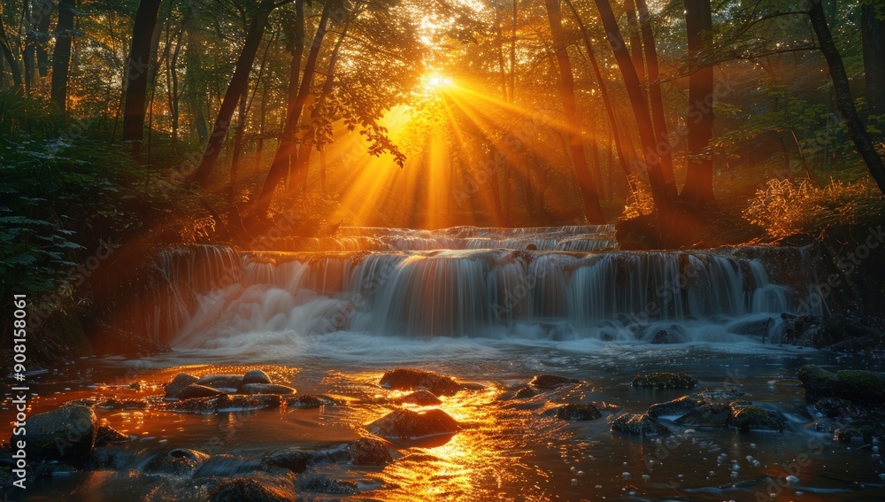 Poster a river with rocks in the middle of an enchanted forest. generate ai image