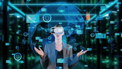 Woman reporter presenting news world market data rotating graph analysis VR future global innovation business interface digital infographic network technology virtual hologram at server. Contraption.