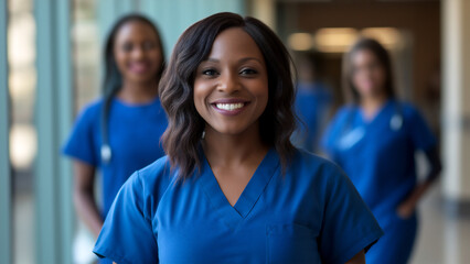 Female student medical staff in blue scrubs smiling at the camera, standing side by side with one looking directly into frame and two behind.