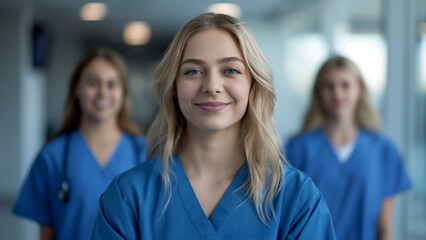 Fototapeta premium Female student nurses in blue scrubs smiling at the camera, standing side by side with one looking directly into frame and two behind.