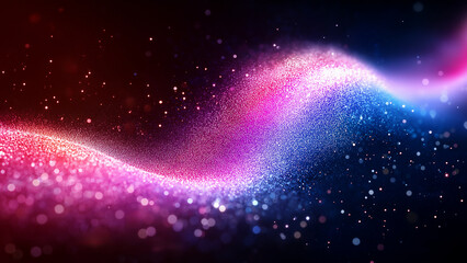 Obraz premium Abstract waves of digital data particles and glowing blue, pink, and purple dots on a dark background, in the style of AI technology.