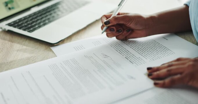 Pen, contract and hands of woman with signature in office for deal, legal documents or title deed. Paperwork, agreement and businesswoman with registration, sign up or application for insurance loan