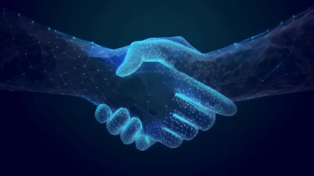 Horizontal video of digital handshake composed of glowing blue lines and nodes, concept of technology-driven partnerships and trust in digital world.  futuristic design, collaboration, agreements