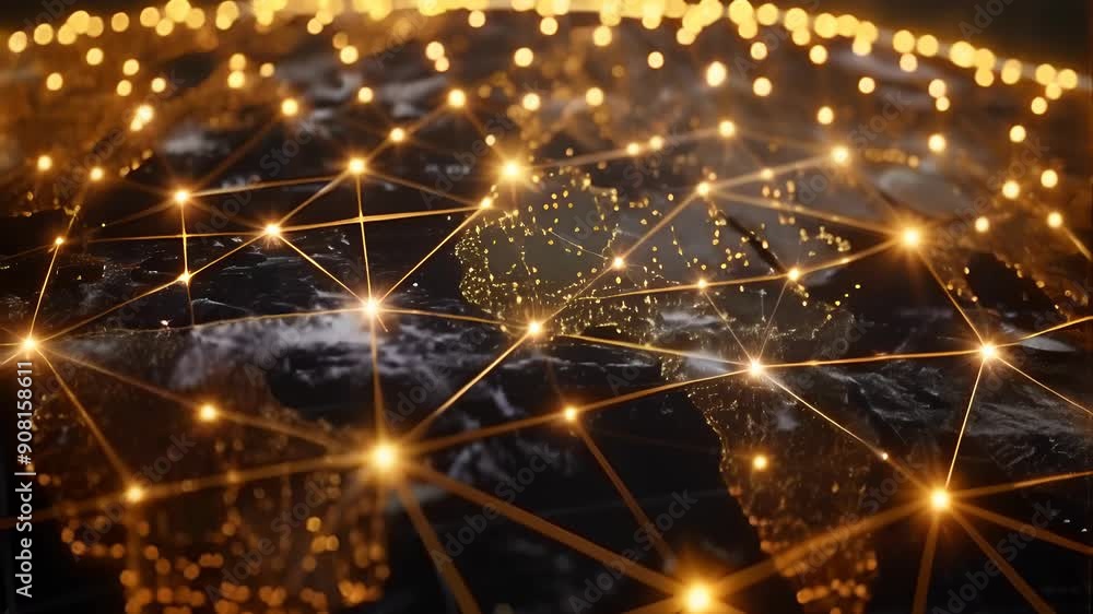 Poster video of digital representation of global network with glowing orange nodes and interconnected lines