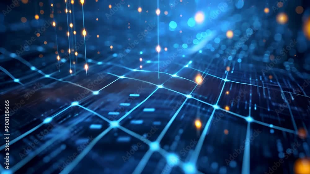 Poster horizontal video of futuristic digital grid with blue lines and glowing orange points, data flow, ne