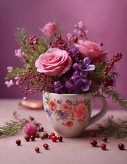 flower arrangement in a cup, soft pink roses, leaves and twigs