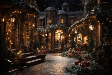 Obraz premium a city street on a winter night, snow covered houses and trees, the light of lanterns, facades of houses decorated for Christmas or New Year, festive environment