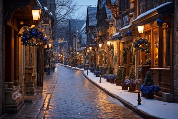 Fototapeta premium a city street on a winter night, snow covered houses and trees, the light of lanterns, facades of houses decorated for Christmas or New Year, festive environment