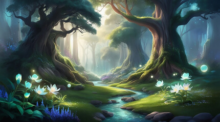 Illustrations, a magical forest with towering ancient trees, luminescent flowers,