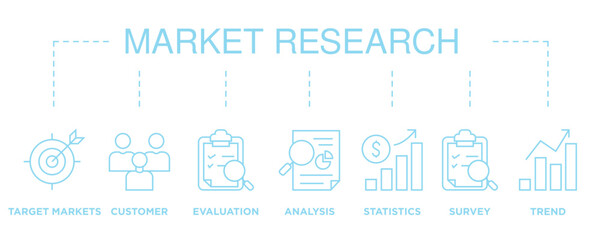 Market research banner web icon vector illustration concept with icon of target markets, customer, evaluation, analysis, statistics, survey and trend