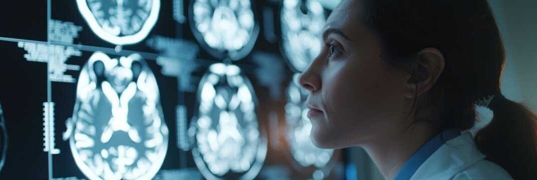 Female neurologist specialist doctor reviewing brain angiography x ray in radiology for injury pain and dizziness