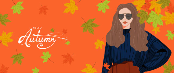 Autumn background, poster or cover. Fashion style autumn design with falling leaves and beautiful girl. Modern fall template for background, sale banner, flyer, advertising, web, social media, print.