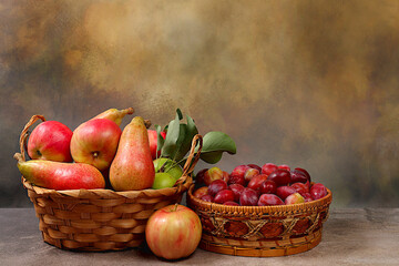Autumn composition of apples, pears and plums in baskets on concrete table, thanksgiving background, harvest, healthy natural food concept, detox diet and body cleansing, banner on screen, cafe