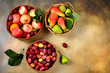 Apples, pears and plums in baskets on a sunny wooden table, thanksgiving background, village...