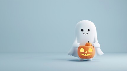 A 3D cartoon friendly ghost with a pumpkin bucket.