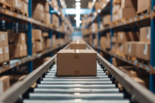 A focused view of a cardboard box moving on a conveyor belt in a large, well-lit warehouse filled with shelves of packages, symbolizing efficient logistics and distribution