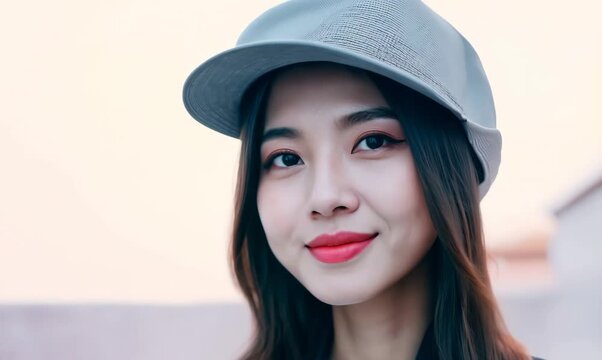 Portrait of a Chinese woman in her 40s in a pastel or soft colors background wearing a cool cap or hat