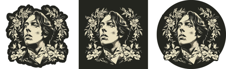 3 variations iconic young Oscar Wilde Duotone Portrait Floral Elements 