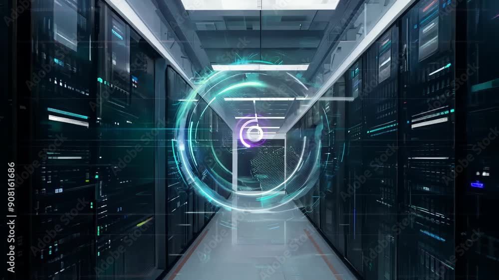 Poster exploring a high-tech data center at midnight with futuristic visuals and advanced technology. gener