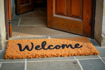 A mat for wiping shoes in front of the door with inscription 'Welcome'.