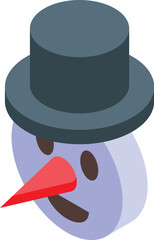 Snowman head wearing a black hat isometric icon, winter holiday related, in cartoon style