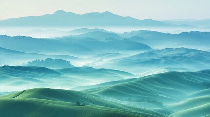 Rolling hills in misty morning light. Gentle hills covered in soft morning mist, with a calming green palette, suitable for peaceful and environmental themes.