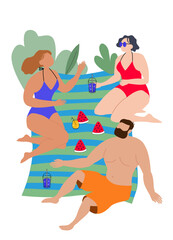 Three people relax on a striped beach mat, enjoying drinks and watermelon. They're in swimsuits, surrounded by tropical leaves, chatting under the sun