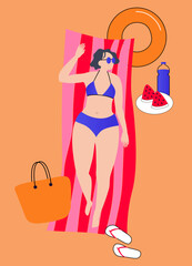 woman in a blue swimsuit sunbathes on the beach on a mat with drinks and fruits. . isolated simple illustration for poster, invitation, banner