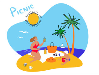 woman and child relax on the beach. Palm trees, picnic, drinks, bag, sunny day. isolated simple illustration for poster, invitation, banner