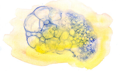 Abstract watercolor pattern with bubbles and textures. Blue bubble on