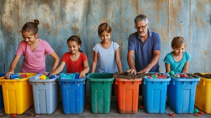 Group of children and elderly man sorting recyclables. Promotes environmental awareness and intergenerational collaboration. Suitable for educational and environmental campaigns. Background included