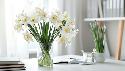 White daffodils in a vase on a white table