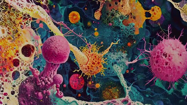 A vibrant, abstract depiction of microscopic cells, showcasing various shapes and colors. The scene captures the dynamic and intricate world of biotechnology, featuring a plethora of different cell