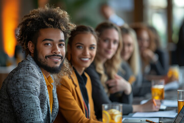 Fototapeta premium Business professionals at a conference. A diverse group of business professionals networking at a conference table, featuring smiling individuals in professional attire.