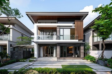Beautiful modern house exterior with grass field Modern residential district